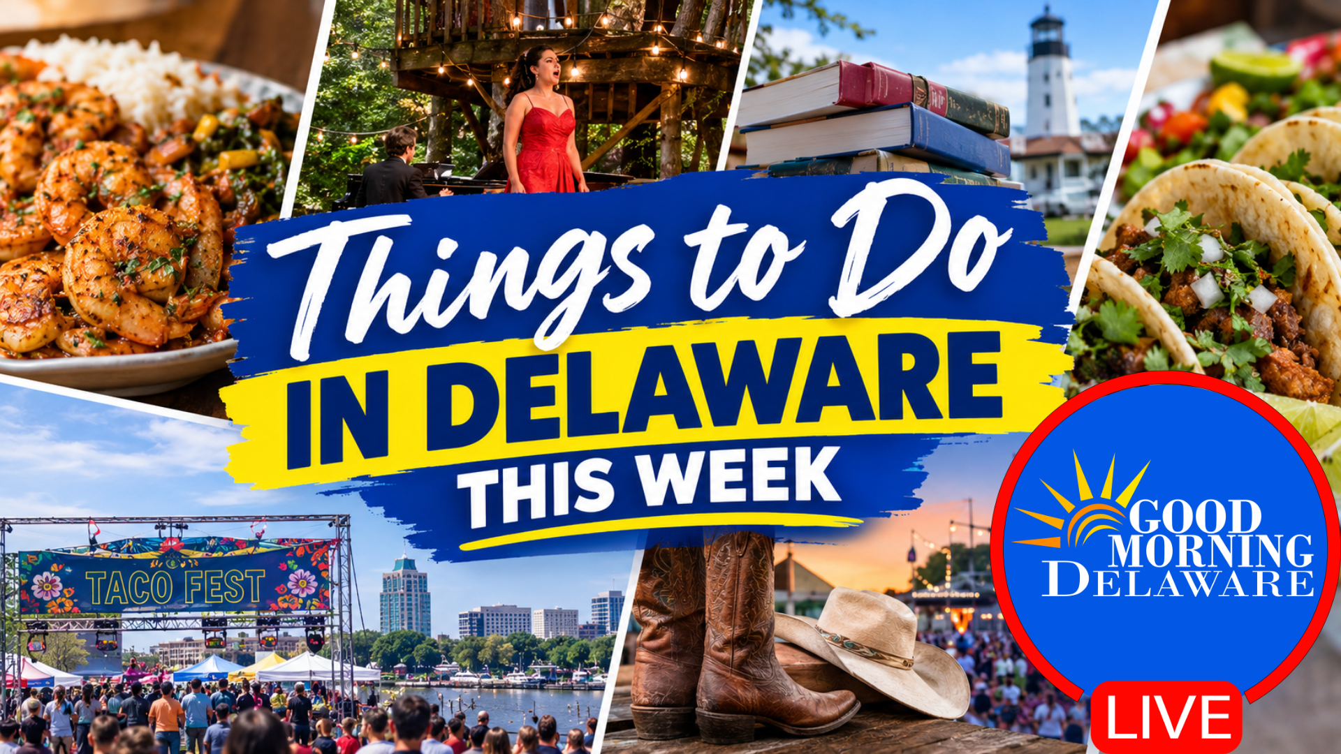 Things to do in Delaware this week graphic featuring the Taco Festival, Opera Under the Steampunk Treehouse, and Black Restaurant Week