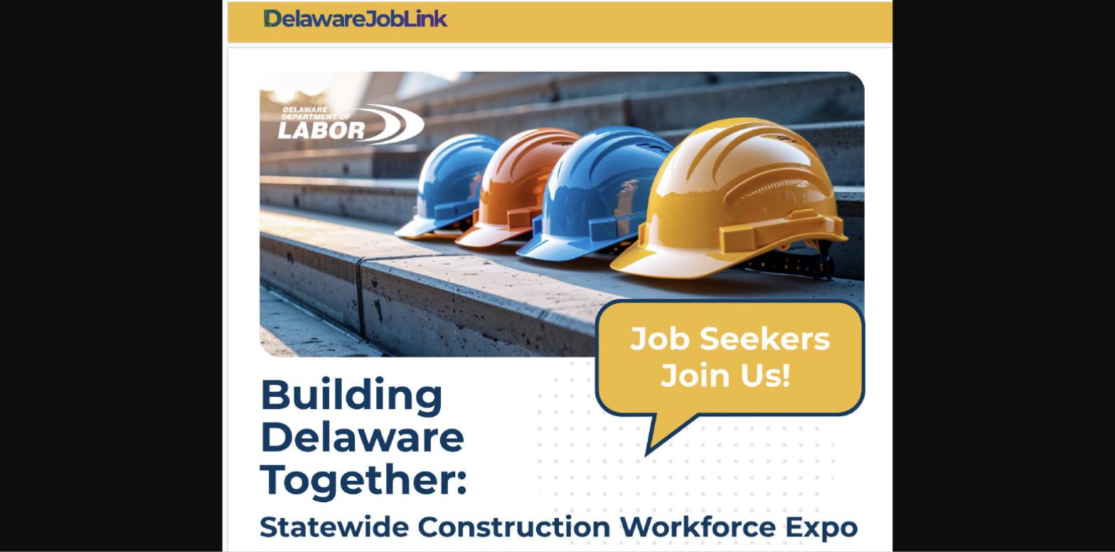 Delaware Department of Labor "Building Delaware Together" construction workforce expo graphic