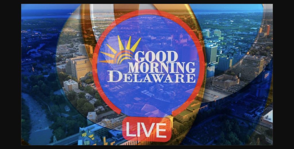 Good Morning Delaware LIVE show graphic with the Wilmington, Delaware skyline and a LIVE badge