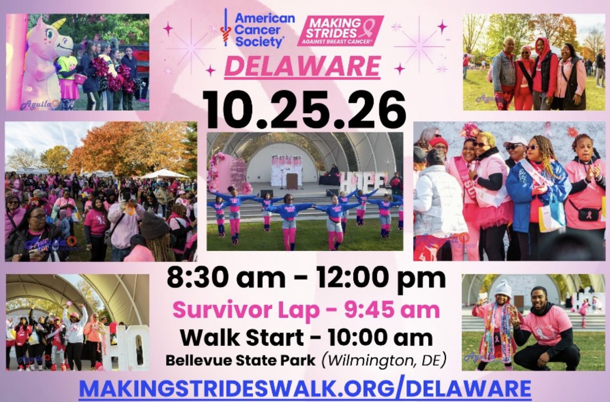 Making Strides of Delaware 2026 flyer: October 25 at Bellevue State Park, survivor lap 9:45 a.m., walk 10 a.m.